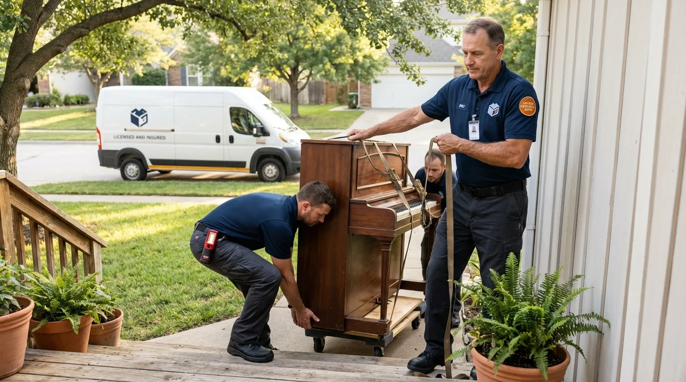 Licensed piano movers securing grand piano in Hebron, MD