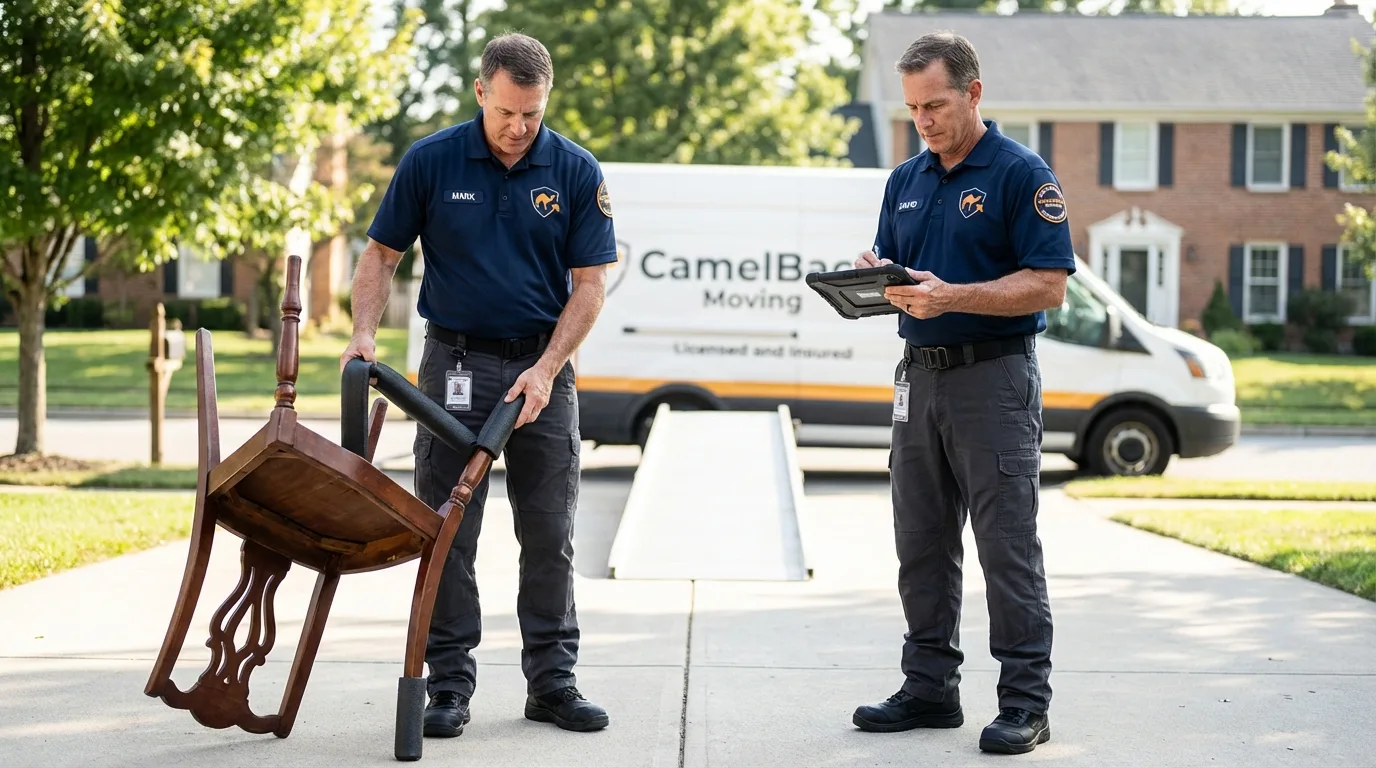 Movers inspecting furniture for damage prevention before loading in Hebron, MD