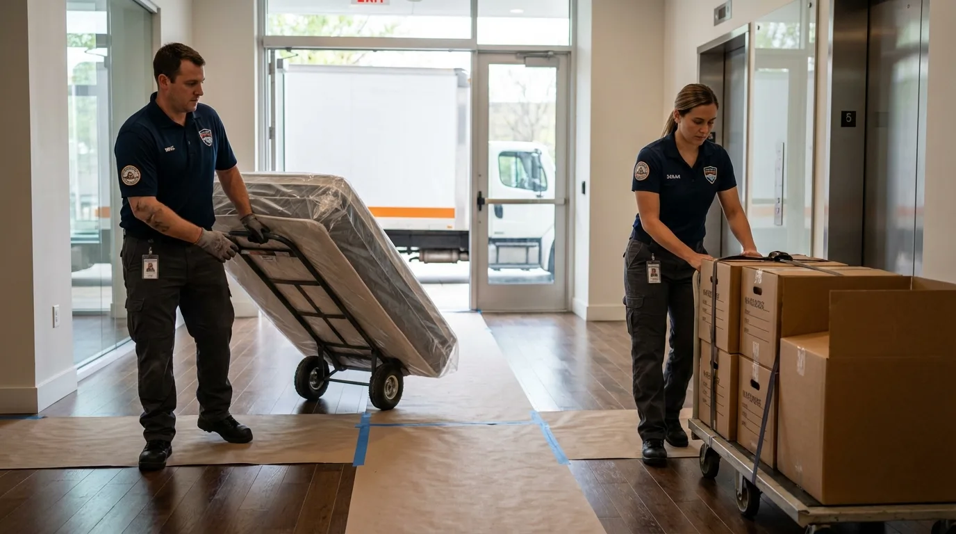Professional apartment movers loading elevator in Hebron, MD